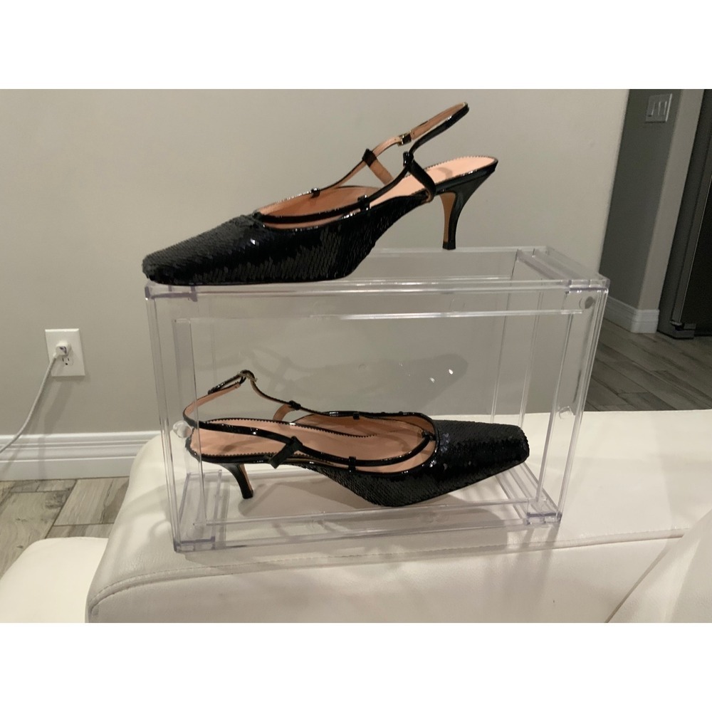 J.Crew Womens Black Sequin Slingback Pumps Pointed Toe Kitten Heels Size 9.5